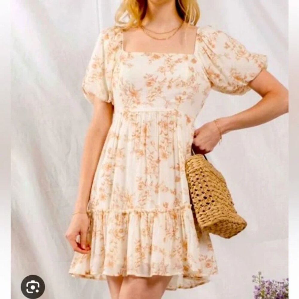Cottagecore Cream Floral Tiered Mini Dress